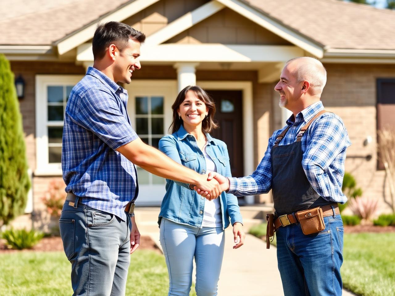 Homeowners shaking hands with a trusted contractor